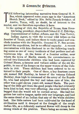 A Comanche Princess story from the book Indian Depredations in Texas by J. W. Wilbarger