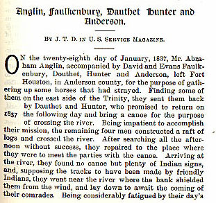 Anglin, Faulkenbury, Dauthet, Hunter and Anderson story from the book Indian Depredations in Texas by J. W. Wilbarger