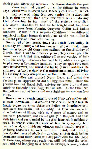 Attack of Baggett's House story from the book Indian Depredations in Texas by J. W. Wilbarger