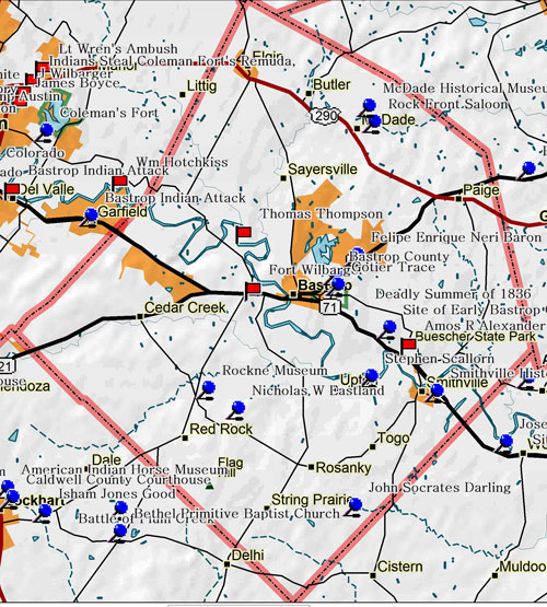 Map of Bastrop County Historic Sites