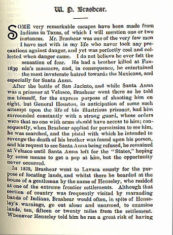 W.P. Brashear story from the book Indian Depredations in Texas by J. W. Wilbarger