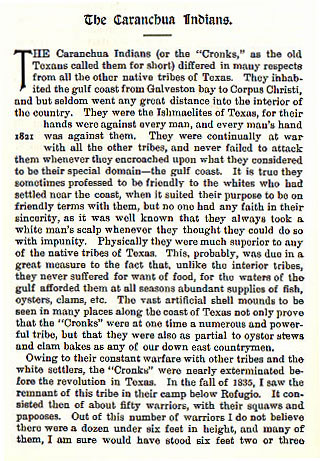 Caranchua Indians story from the book Indian Depredations in Texas by J. W. Wilbarger