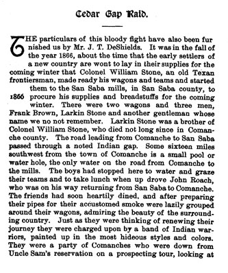Cedar Gap Raid story from the book Indian Depredations in Texas by J. W. Wilbarger