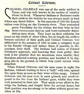 Colonel Coleman story from the book Indian Depredations in Texas by J. W. Wilbarger