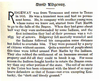 David Ridgeway story from the book Indian Depredations in Texas by J. W. Wilbarger