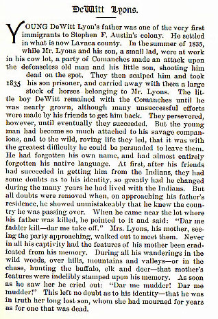 DeWitt Lyons story from the book Indian Depredations in Texas by J. W. Wilbarger