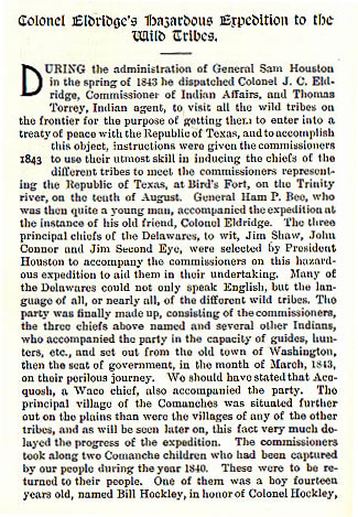 Colonel Eldridge's Hazardous Expedition to the Wild Tribes story from the book Indian Depredations in Texas by J. W. Wilbarger