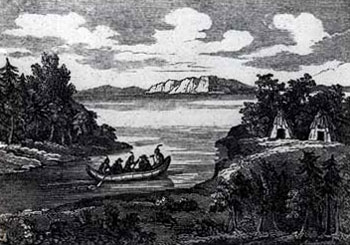 Picture of Indians in Canoe with White Men Captured during the Deerfield Massacre