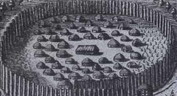 Picture of an Undated engraving of a Seminole encampment of small huts surrounded by a circular wooden fence