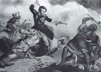 Picture of the Death of Tecumseh during the Battle of Thames, in which U.S. forces were commanded by William Henry Harrison, in 1813.