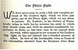The Flores Fight story from the book Indian Depredations in Texas by J. W. Wilbarger