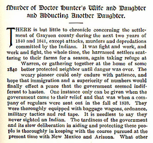 Murder of Doctor Hunter's Wife and Daughter and Abducting Another Daughter story from the book Indian Depredations in Texas by J. W. Wilbarger