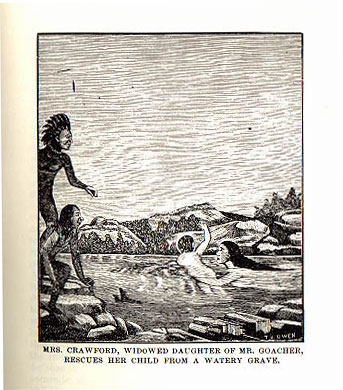 Picture of Mrs. Crawford rescuing child from the book Indian Depredations in Texas by J. W. Wilbarger