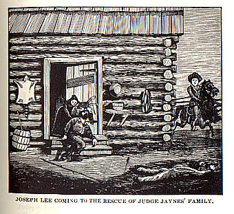 Joseph Lee Coming to the Rescue of Judge Jaynes' Family picture from the book Indian Depredations in Texas by J. W. Wilbarger