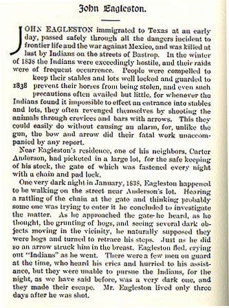 John Eagleston story from the book Indian Depredations in Texas by J. W. Wilbarger