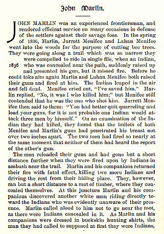 John Marlin story from the book Indian Depredations in Texas by J. W. Wilbarger