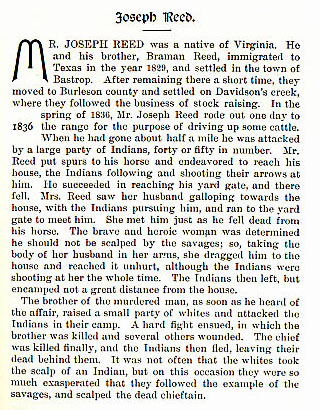 Joseph Reed story from the book Indian Depredations in Texas by J. W. Wilbarger