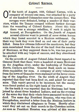 Colonel Karnes story from the book Indian Depredations in Texas by J. W. Wilbarger