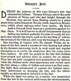 Kinney's Fort story from the book Indian Depredations in Texas by J. W. Wilbarger