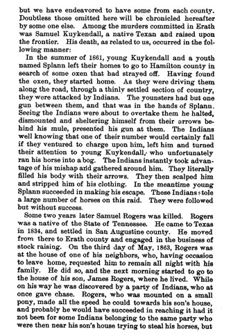 Kuykendall and Splann story from the book Indian Depredations in Texas by J. W. Wilbarger
