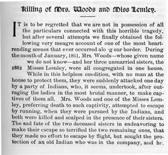 Killing of Mrs. Woods and Miss Lemley story from the book Indian Depredations in Texas by J. W. Wilbarger