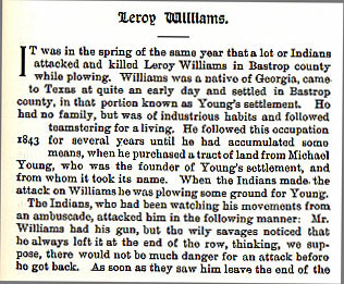 Leroy Williams story from the book Indian Depredations in Texas by J. W. Wilbarger