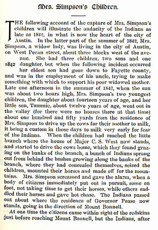 Mrs. Simpson's Children story from the book Indian Depredations in Texas by J. W. Wilbarger