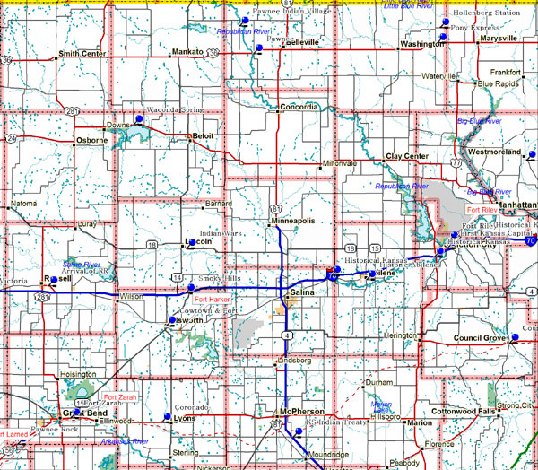 Map of North Central Kansas Historical Markers