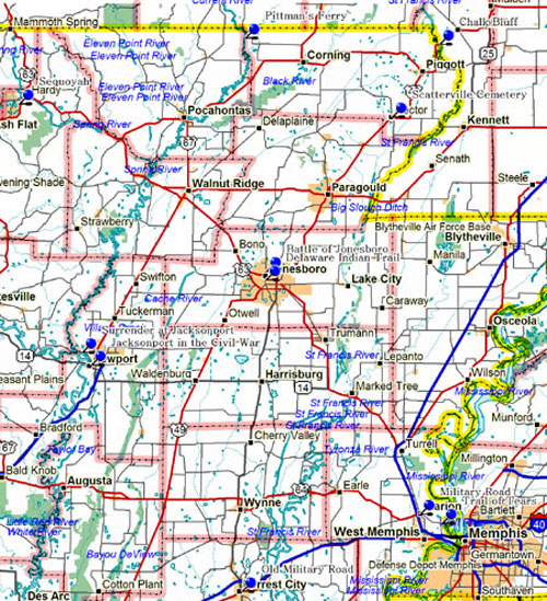 Map of Northeast Arkansas Historical Markers