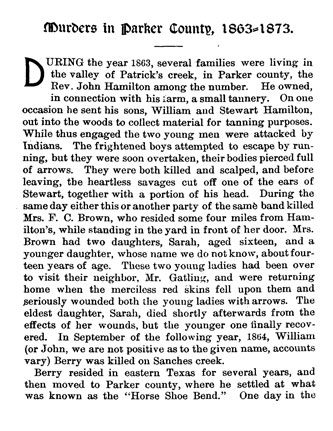 Murders in Parker County - 1863 - 1873 story from the book Indian Depredations in Texas by J. W. Wilbarger