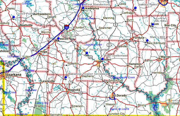 Map of Southwest Arkansas Historical Markers