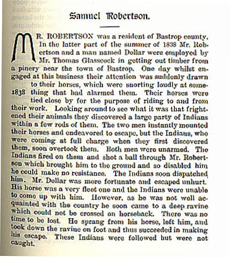 Samuel Robertson story from the book Indian Depredations in Texas by J. W. Wilbarger