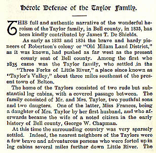 Heroic Defense of the Taylor Family story from the book Indian Depredations in Texas by J. W. Wilbarger