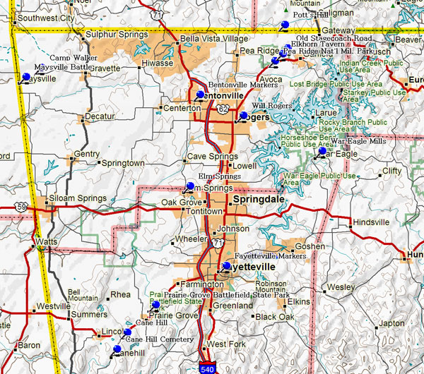 Map of Western NW Arkansas Historical Markers