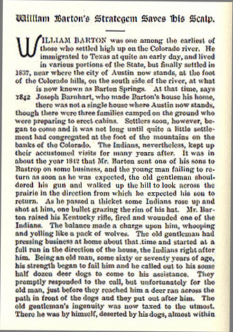 William Barton's Strategem Saves His Scalp story from the book Indian Depredations in Texas by J. W. Wilbarger