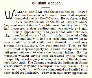 William Cooper story from the book Indian Depredations in Texas by J. W. Wilbarger