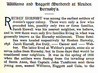 Williams and Haggett Murdered at Reuben Hornsby's story from the book Indian Depredations in Texas by J. W. Wilbarger