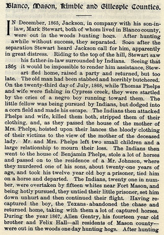 Blanco, Mason, Kimble and Gillespie Counties story from the book Indian Depredations in Texas by J. W. Wilbarger