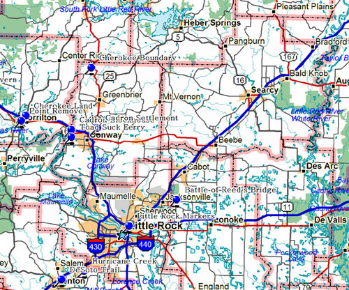 Map of Central Eastern Arkansas Historical Markers