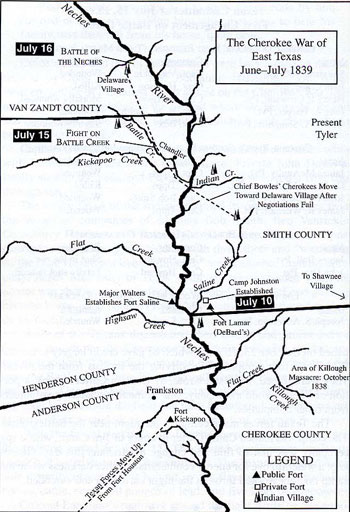 Map of the Cherokee War of East Texas June - July 1839