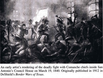 Drawing of Council House fight originally published in 1912 in DeShield's Border Wars of Texas