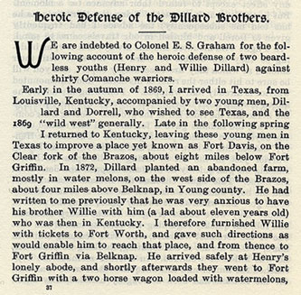 Heroic Defense of the Dillard Brothers story from the book Indian Depredations in Texas by J. W. Wilbarger