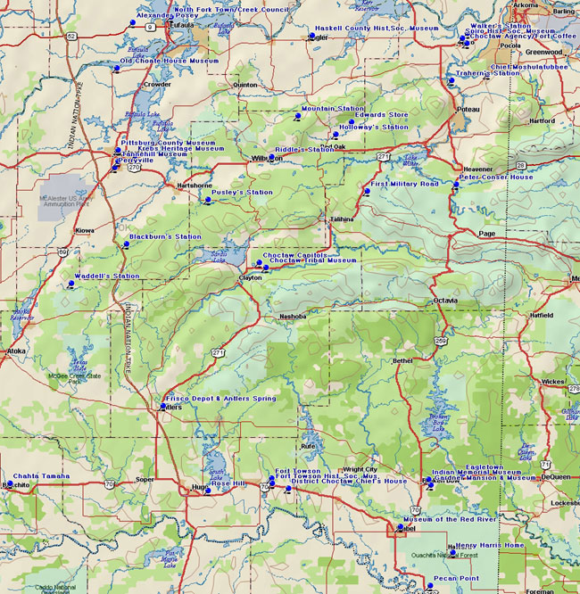 Map of Southeast Oklahoma Historical Markers and Museums