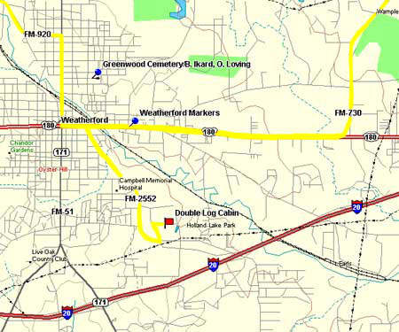 Map to Double Log Cabin and Greenwood Cemetery in Parker County