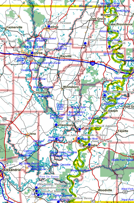 Map of Northeast Louisiana Historical Markers by Parish