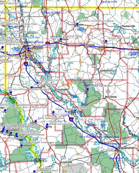 Map of Northwest Louisiana Historical Markers and Museums by Parish