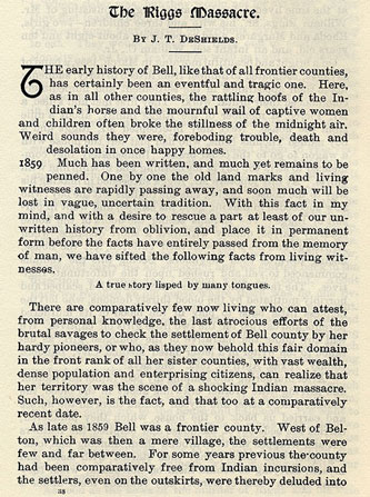 The Riggs Massacre story from the book Indian Depredations in Texas by J. W. Wilbarger
