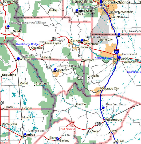 Map of South Central Colorado Historical Markers