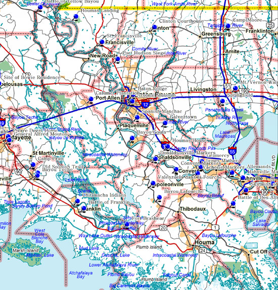 Map of South Central Louisiana Historical Markers by Parish