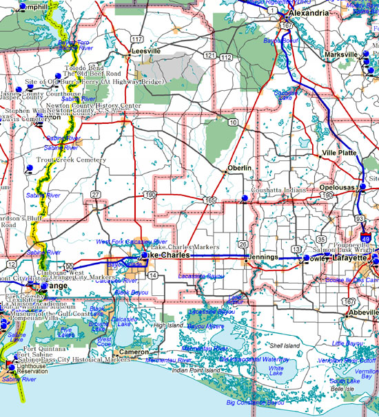 Map of Southwest Louisiana Historical Markers by Parish